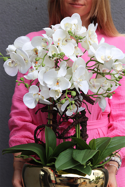 Nature&Gold 2, sztuczny storczyk w złotej donicy glamour