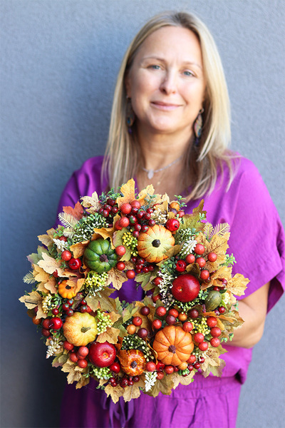 Liście i Dynie, jesienny wianek z atrybutami jesieni, śr.30cm