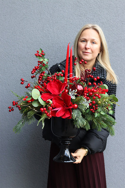 Karminowa Villa, świąteczny stroik w pucharze, wym.70x60x40cm