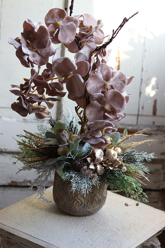 dekoracja świąteczna ze storczykiem, Velurro Champagne, wys.52cm