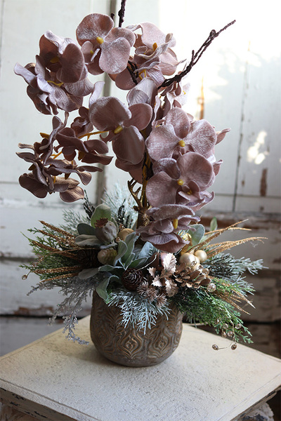 dekoracja świąteczna ze storczykiem, Velurro Champagne, wys.52cm