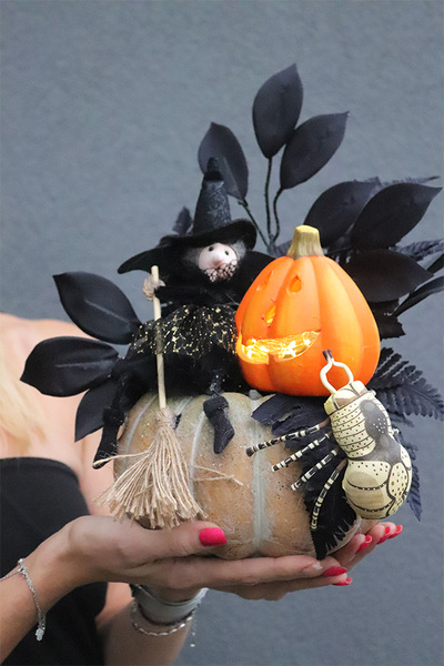 Dyniowe Halloween, jesienny stroik halloweenowy