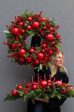 Karminowe Love Xmas, komplet świątecznych dekoracji, stroik + wianek 