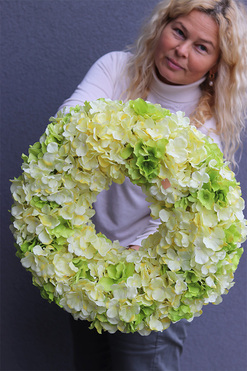 Green Hydrangea, zielono-żółty wianek z hortensją, śr.45cm 