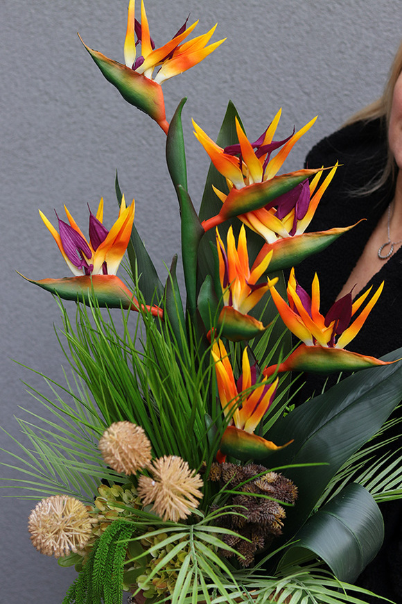 Strelicja Antique, kompozycja ze strelicją w złotym wazonie