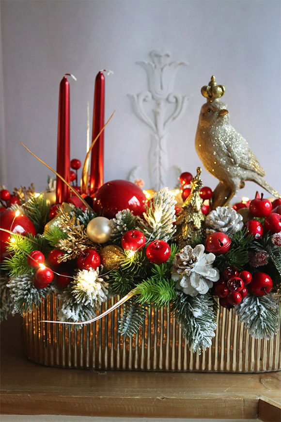 Bird in Crown, świąteczny stroik LED w naczyniu