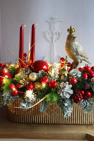 Bird in Crown, świąteczny stroik LED w naczyniu