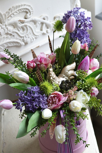 Pastelowa Helena, flowerbox welurowy z kogutem