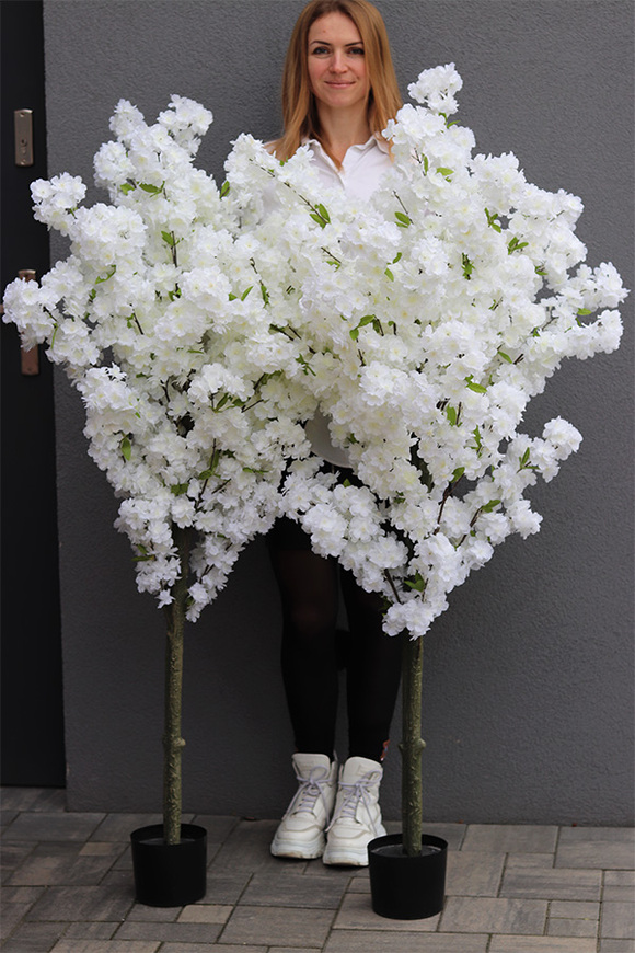 Kwitnąca Wiśnia, sztuczna roślina w doniczce, biała