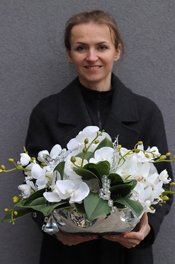 Dekoria Crystal, kompozycja kwiatowa w srebrnym naczyniu, wym.29x47x56cm