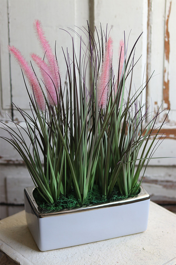 kompozycja z trawami w białej donicy, Pianisto, wys.45cm