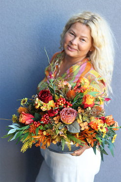 Jesienny Czas Glamour, jesienna kompozycja w misie, wym.35x53cm