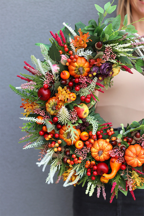 Jesienne Wspomnienie, jesienny wianek z dyniami, śr.45cm 