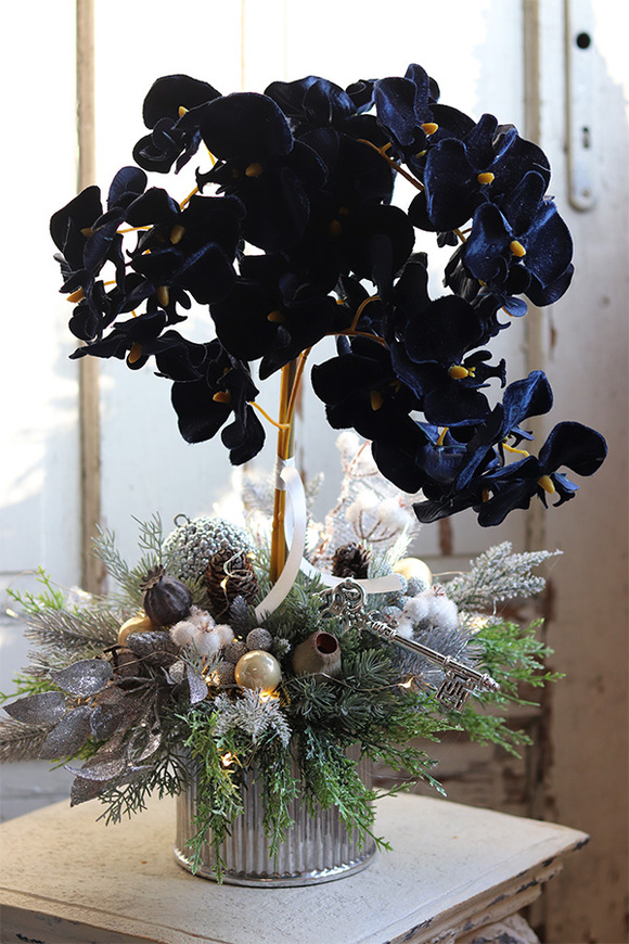 dekoracja świąteczna ze storczykiem, Velurro Navy, wys.56cm 