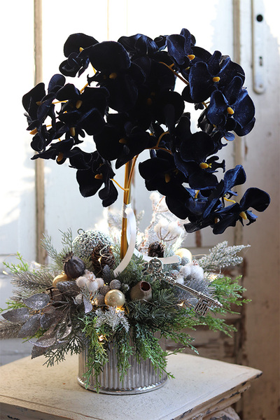 dekoracja świąteczna ze storczykiem, Velurro Navy, wys.56cm 