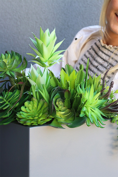 Fiberglass Denimo, sukulenty w szarej donicy, wys.81cm