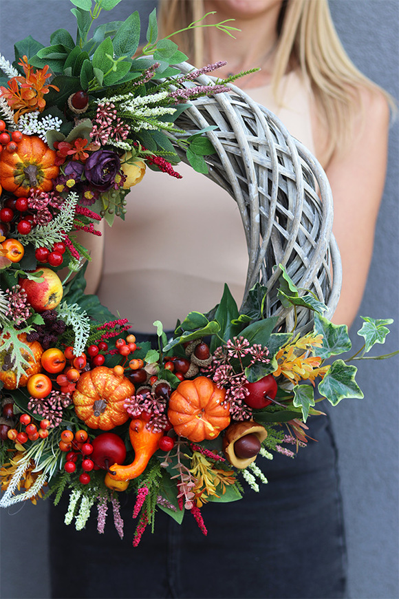 Jesienne Wspomnienie, jesienny wianek z dyniami, śr.45cm 