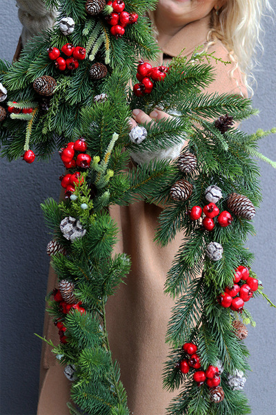 Natural Red 2, komplet dekoracji świątecznych, wianek + girlanda