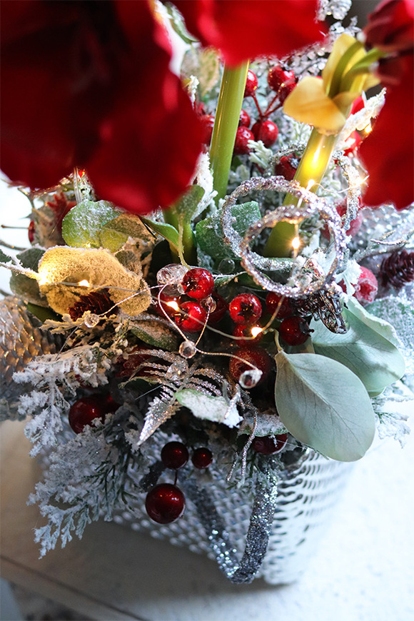 Amarylis Silver Winter, świąteczny stroik z czerwonym amarylisem, wys.60cm  