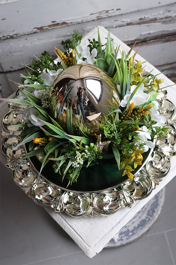 Green Birds Silver, wielkanocny stroik z piórami, śr.35cm