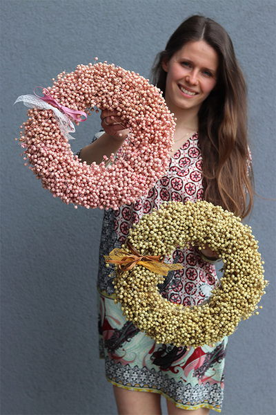 Ludowy Len, dekoracyjny wianek z suszu, musztardowy