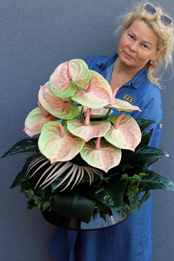 Anturium Maya, kompozycja nagrobna w naczyniu