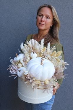 Velurowa Dynia, jesienny flowerbox z suszem, XL, wys.43cm  