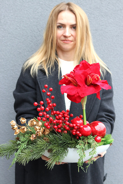 Amarylis Winter Laos, świąteczna kompozycja z czerwonymi kwiatami