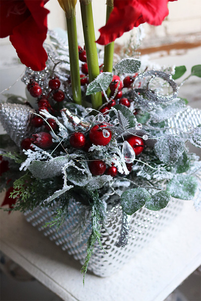 Amarylis Silver Winter, świąteczny stroik z czerwonym amarylisem, wys.60cm  