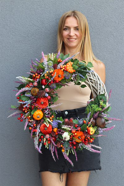 Jesienny Poranek, asymetryczny wianek jesienny, rozp.60cm