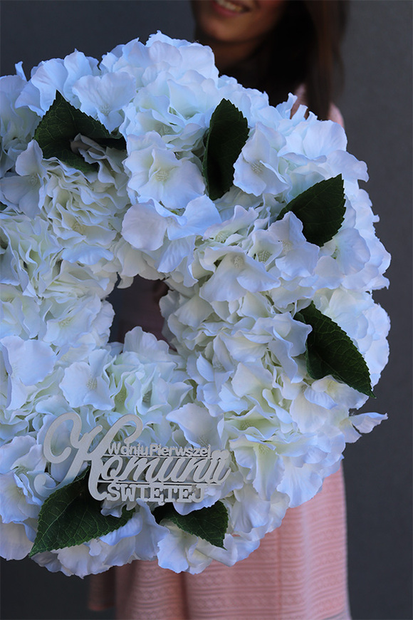 Komunijne Hortensje, wianek z napisem, śr.36cm 