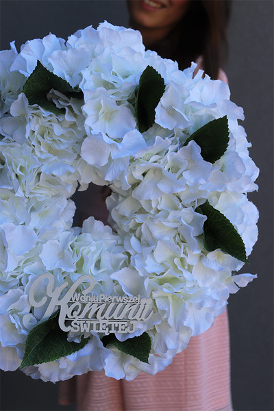 Komunijne Hortensje, wianek z napisem, śr.36cm 