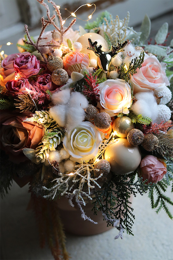 Beigenata LED, flowerbox świąteczny z bawełną