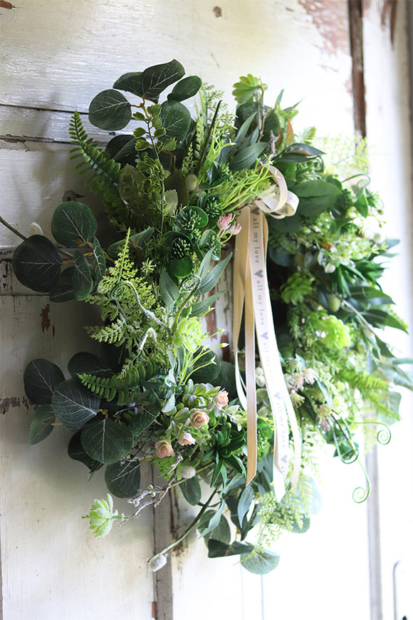 Boho Gedra, zielony wianek ze wstążkami, śr.50cm   