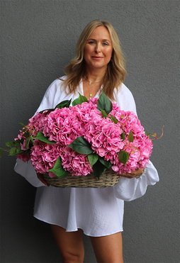Pink Sweet Baby, długi kosz z różowymi hortensjami, wym.36x59cm