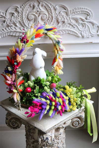 Boho Rainbow, wielkanocny stroik z suszem i zającem