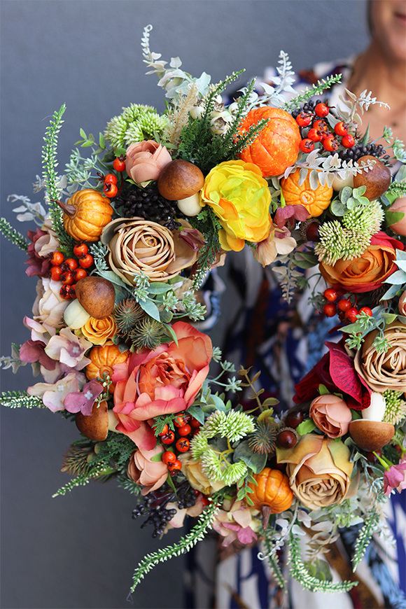 Jesienna Pokusa, jesienny wianek z dyniami i wrzosem