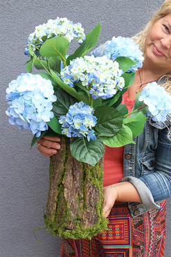 Blue Hortensja w Mchu 2, kompozycja kwiatowa w pniu, wym.60cm