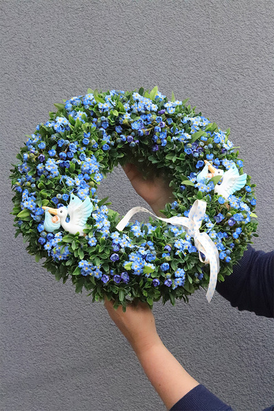Niezapominajki Blue, wianek dekoracyjny na drzwi