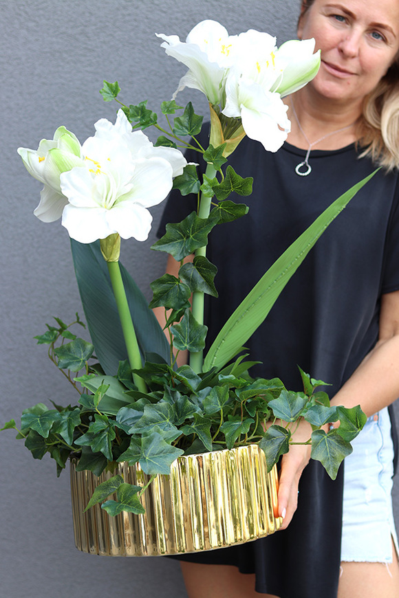 Amarylis Biel, wysokiej jakości sztuczna roślina w złotej donicy, wys.70cm