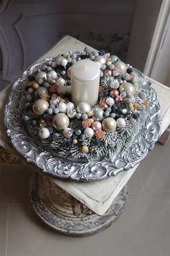 Srebrna Leonisa, stroik ze świecą na talerzu, wym.15x35cm