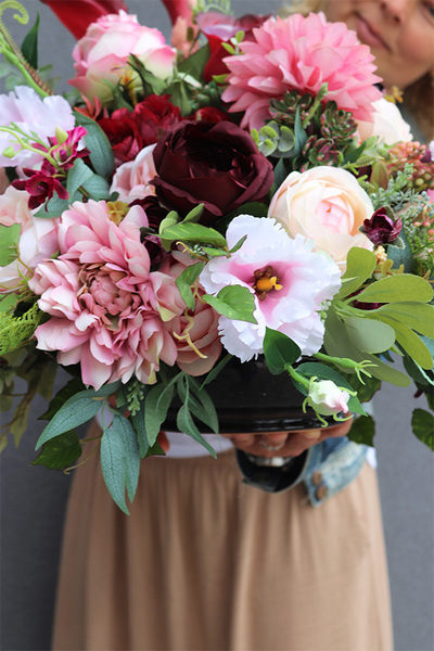 kompozycja nagrobna w okrągłej misie, Janina Gerona, wym.40x60cm 