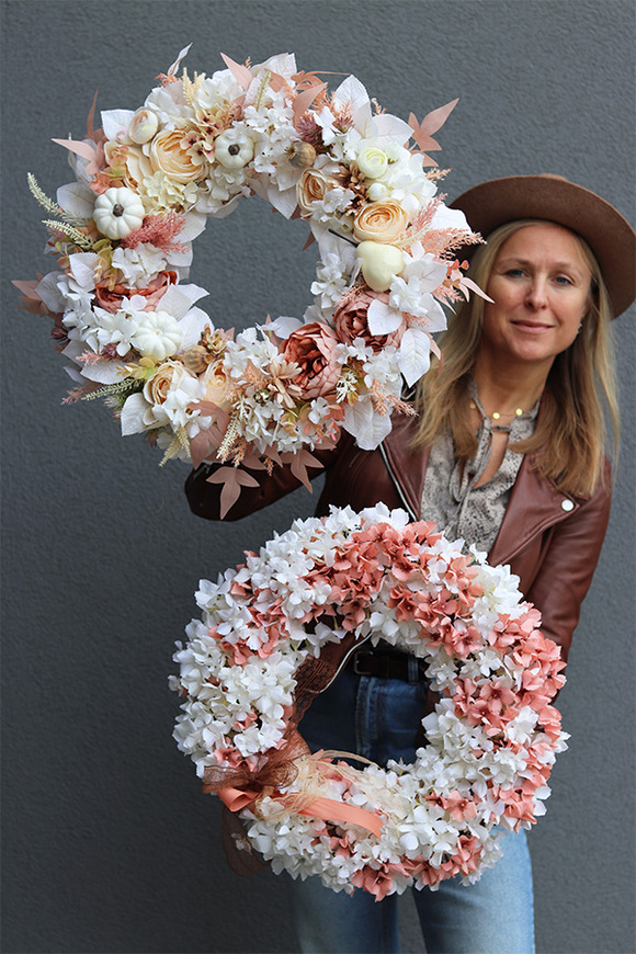 Hortensja Beige&White, romantyczny wianek na drzwi