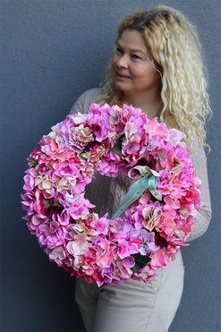 Hortensje Pinki, różowy wianek z hortensji, śr.40cm