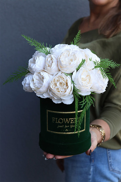Green Velvet, zielony flowerbox z pełnikami,wys.28cm 
