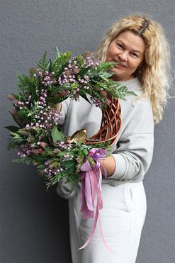 Jagodowe Konwalie, wiosenny wianek z ptaszkiem, rozp.44cm