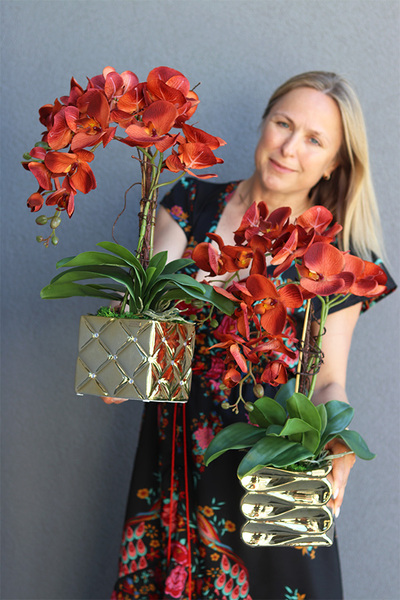 miedziany storczyk w złotej donicy, Bedolia Red, wys.53cm