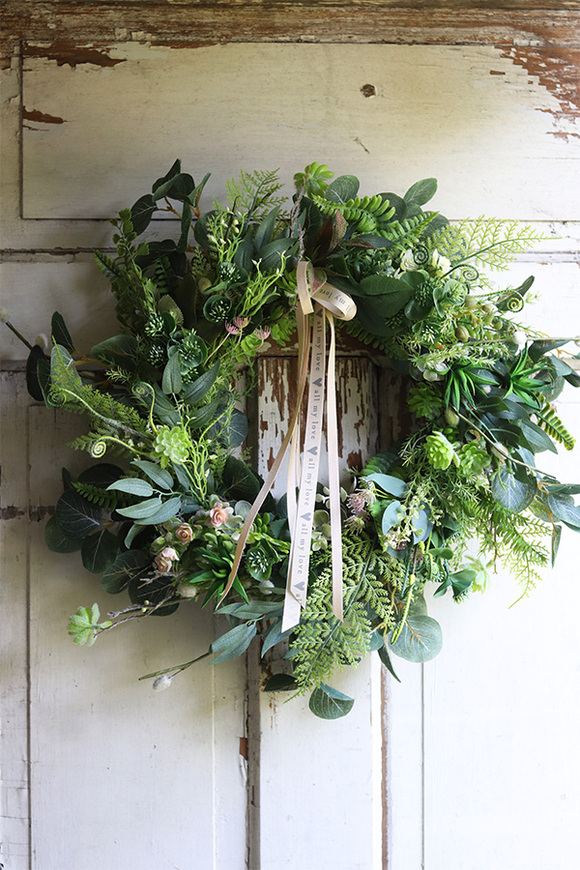 Boho Gedra, zielony wianek ze wstążkami, śr.50cm   