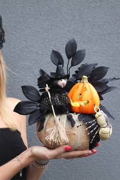 Dyniowe Halloween, jesienny stroik halloweenowy LED, wym.23x20cm