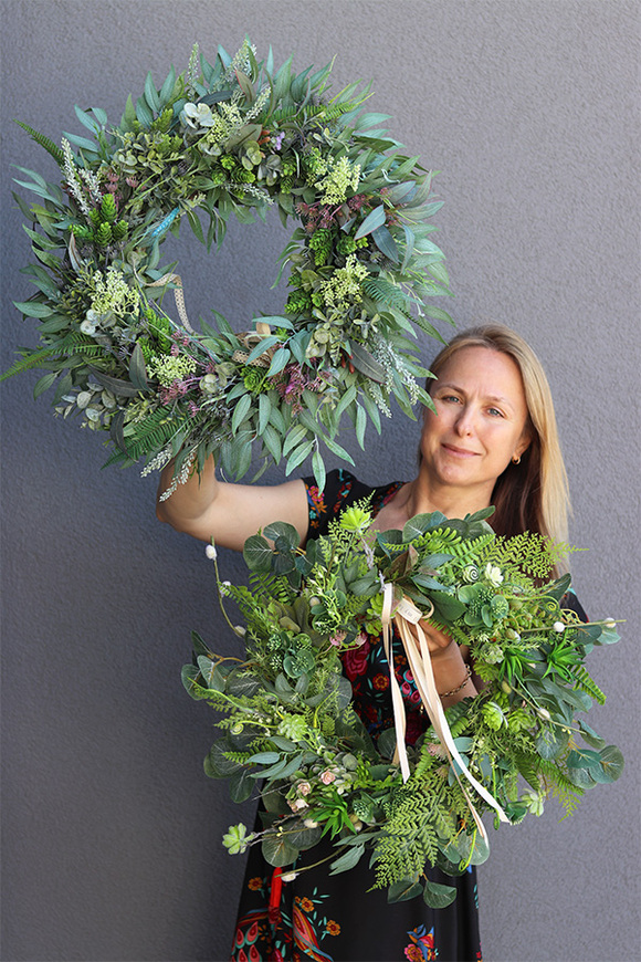 Boho Gedra, zielony wianek ze wstążkami, śr.50cm   